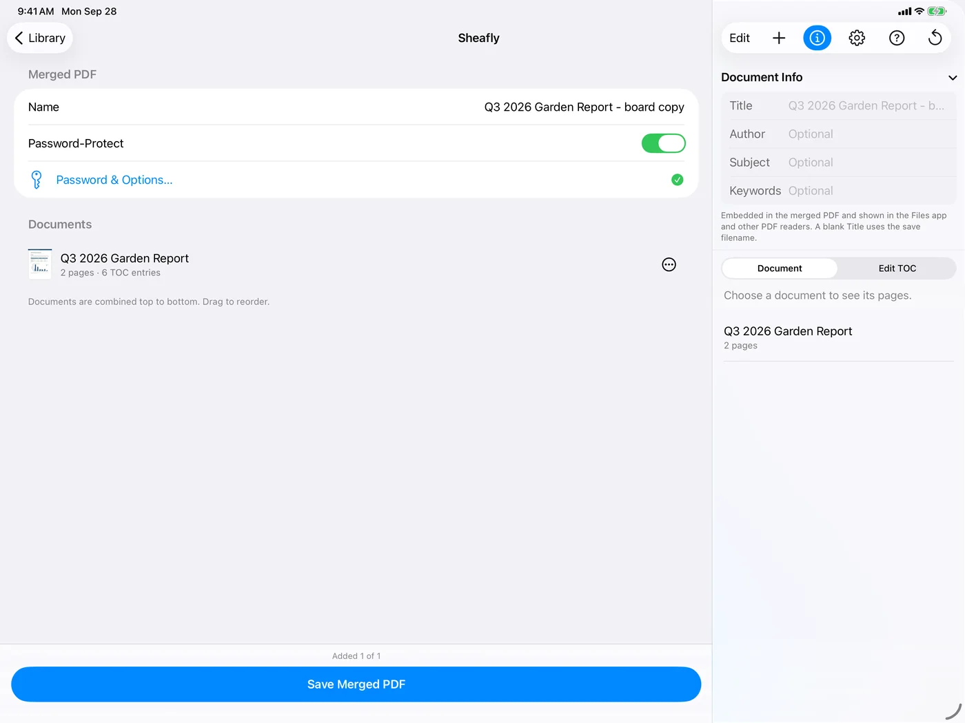 Sheafly on iPad in landscape with the Q3 2026 Garden Report ready to save, Password-Protect on and a green check beside Password and Options