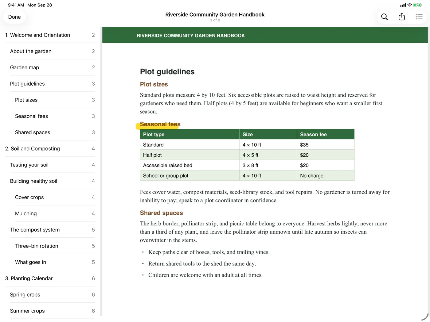 Sheafly’s viewer on iPad in landscape with the saved handbook’s bookmarks in a sidebar and page 3 open at Plot guidelines, where the Seasonal fees heading carries a flattened yellow highlight
