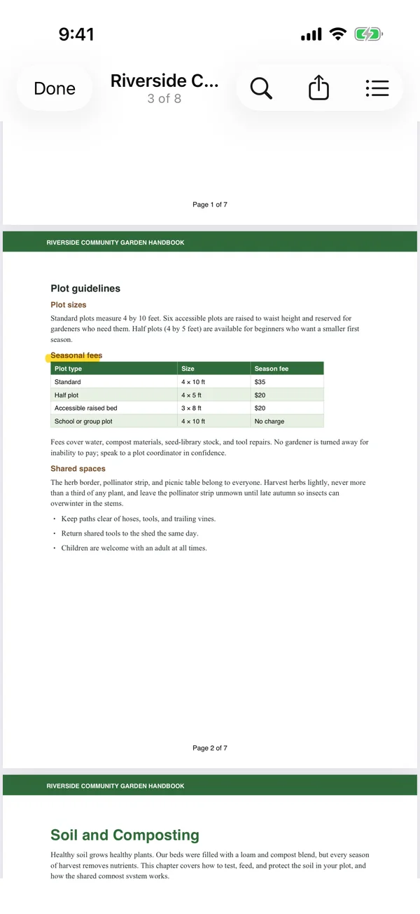 Sheafly’s viewer on iPhone on page 3 of 8 of the saved handbook after tapping the Seasonal fees bookmark