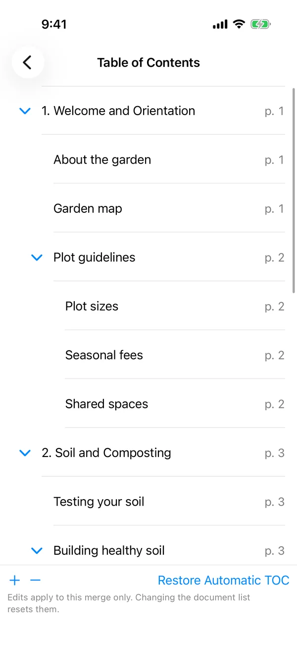 Sheafly’s Table of Contents editor on iPhone showing the cleaned-up handbook outline with page numbers and add, remove and Restore Automatic TOC controls