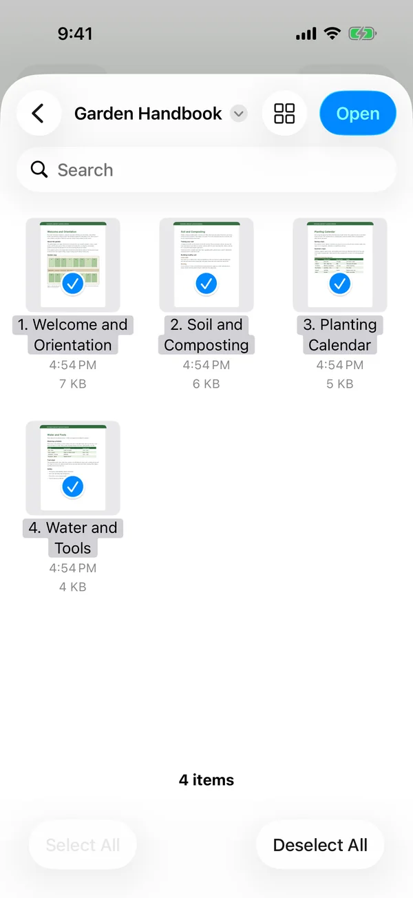 The iPhone Files picker inside Sheafly with four handbook chapter PDFs selected in the Garden Handbook folder