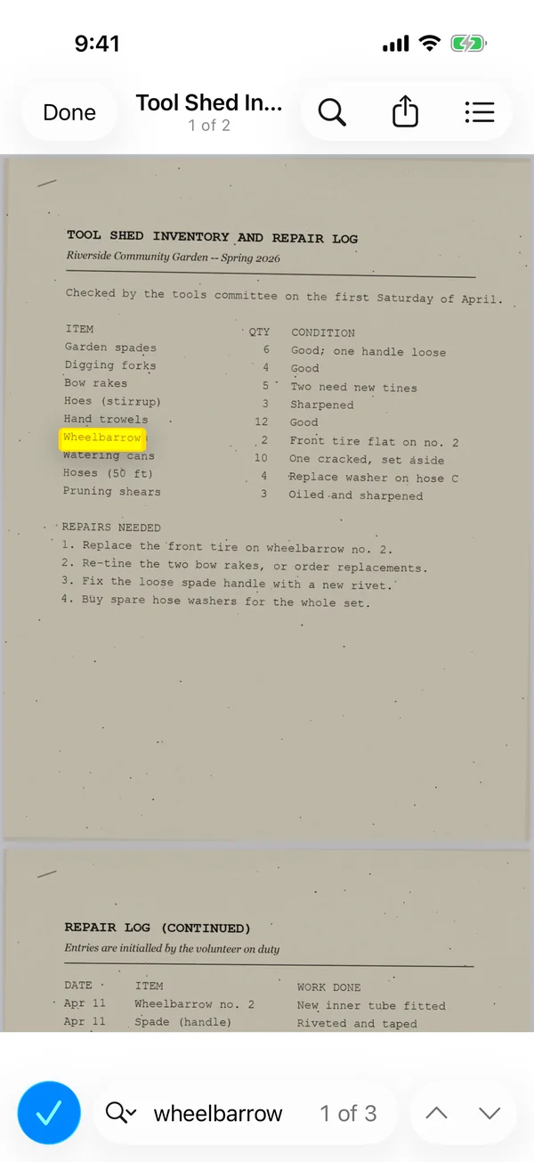 Sheafly’s viewer on iPhone with Find showing wheelbarrow, 1 of 3, and the word highlighted on the scanned page