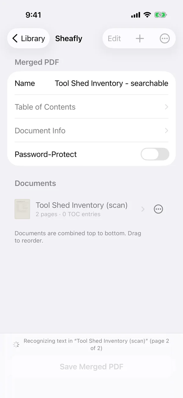 Sheafly on iPhone while saving, with the status Recognizing text in Tool Shed Inventory (scan) page 2 of 2