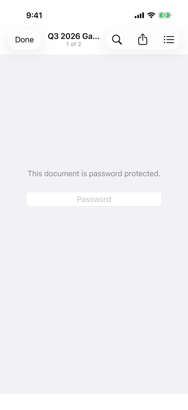 Sheafly’s viewer on iPhone showing This document is password protected with a password field