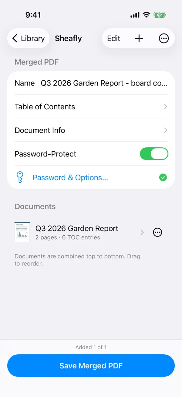 Sheafly on iPhone with Password-Protect on and a green check beside Password and Options
