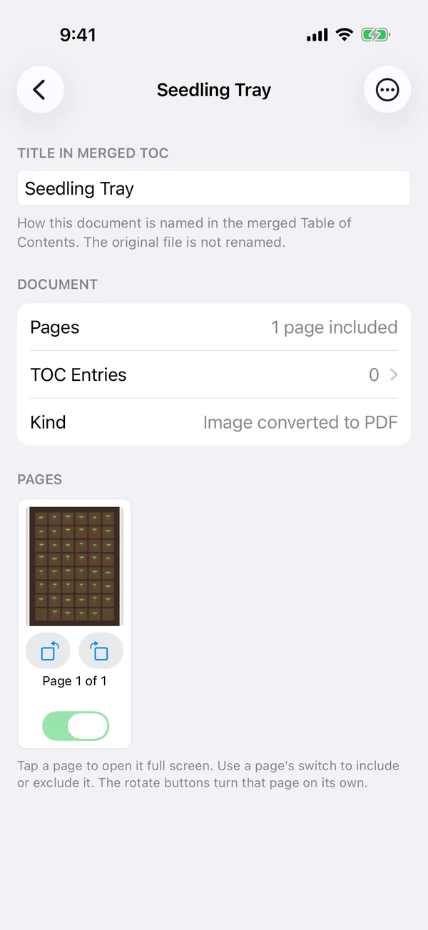 Sheafly on iPhone showing the Seedling Tray item as an image converted to PDF, with its portrait page, rotate buttons and include switch