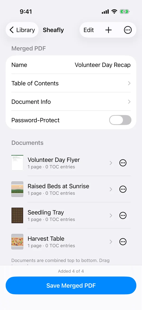Sheafly on iPhone with Volunteer Day Flyer and three photos listed in order under Documents and the name Volunteer Day Recap