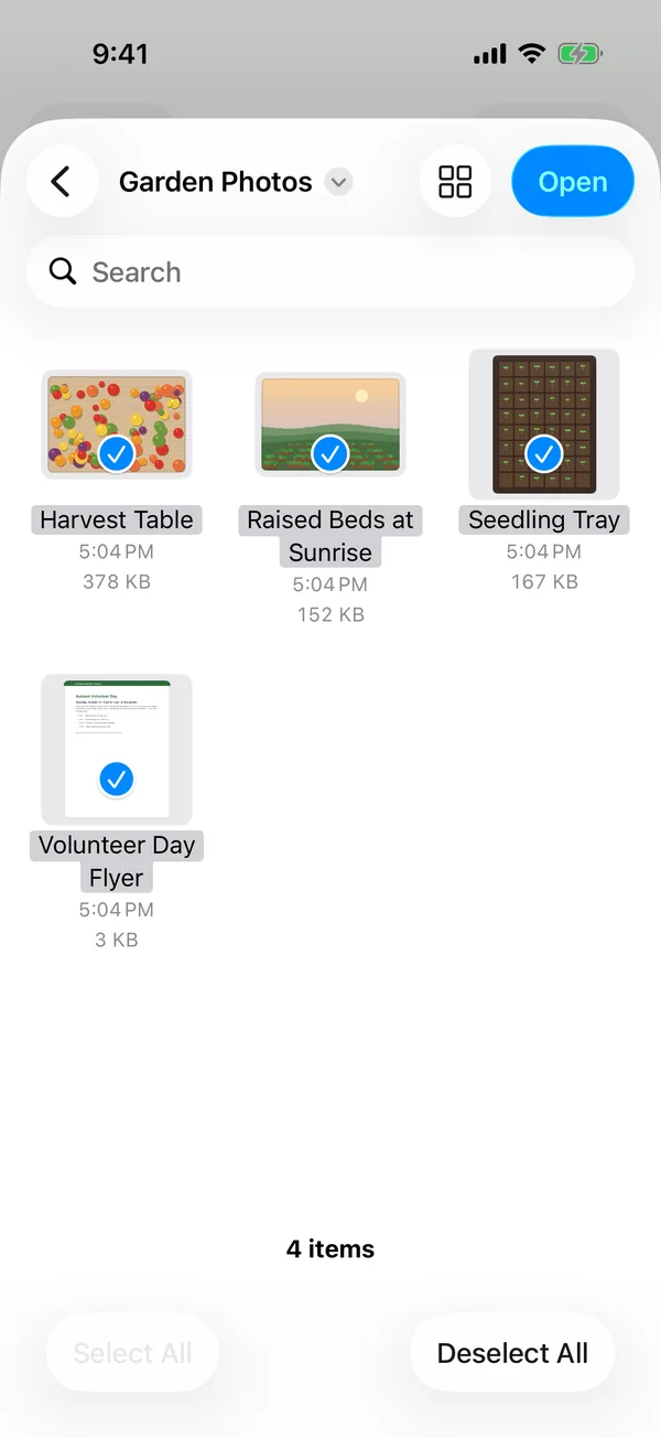 The Files picker inside Sheafly on iPhone with three pictures and a flyer PDF selected in the Garden Photos folder