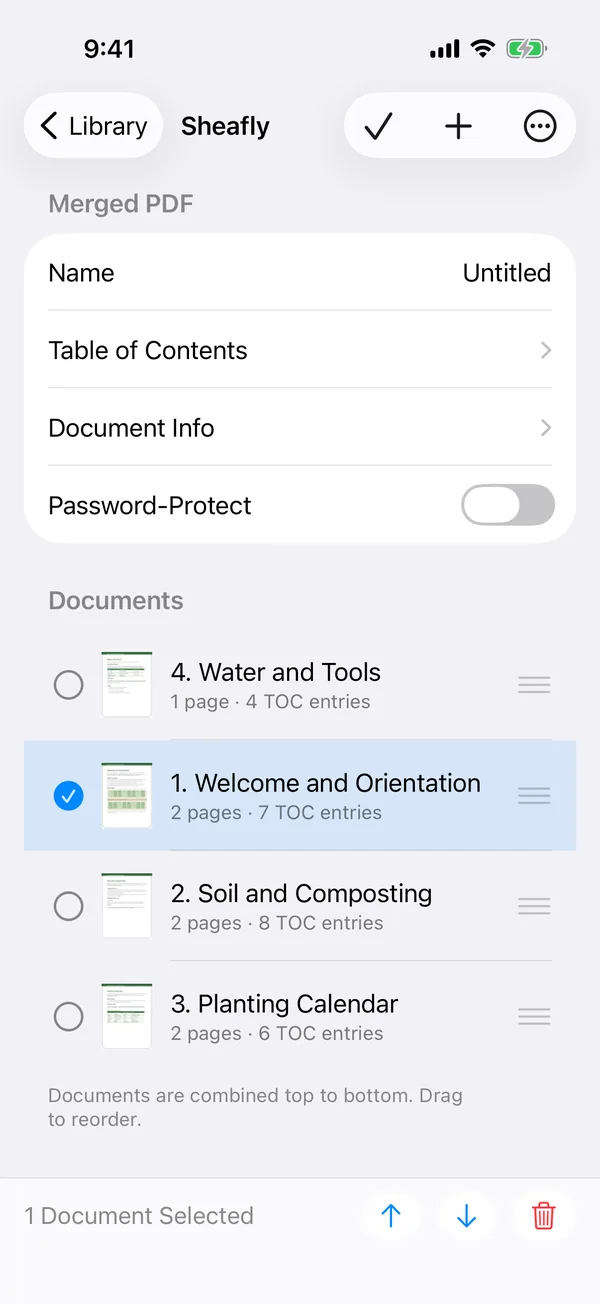 Sheafly on iPhone in Edit mode with one chapter selected and move up, move down and remove buttons along the bottom