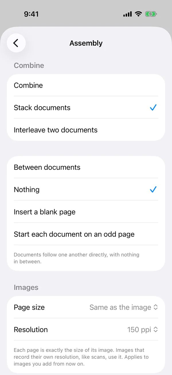 Sheafly Settings on iPhone, Assembly screen, with Page size set to Same as the image and Resolution 150 ppi