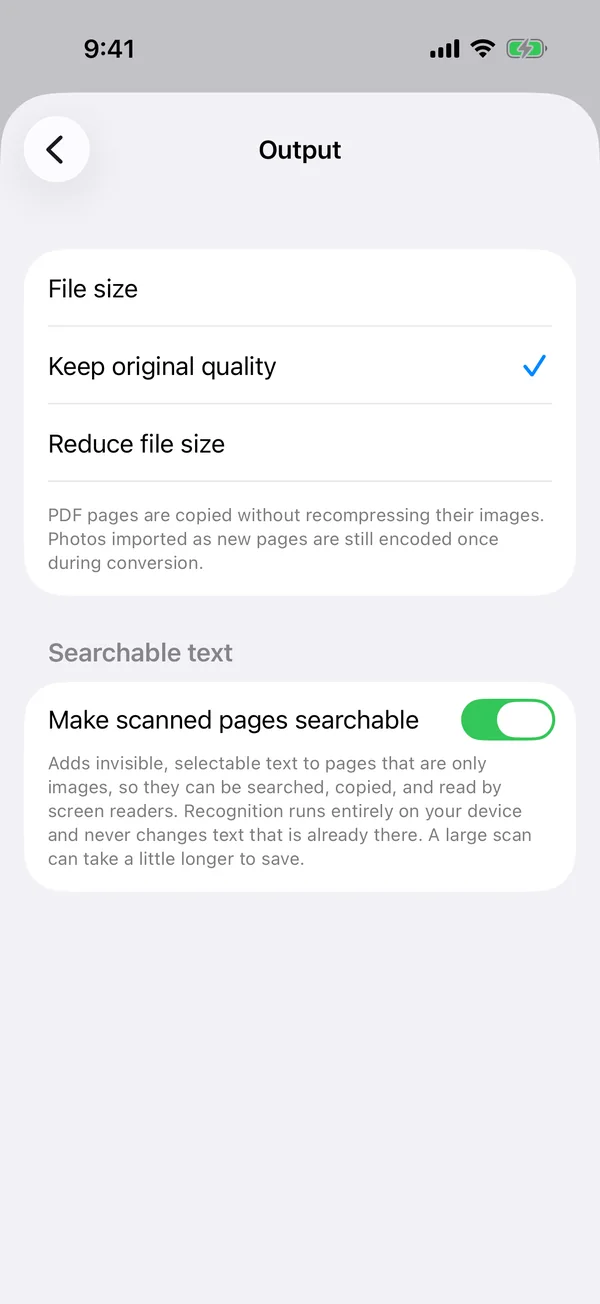 Sheafly Settings on iPhone, Output screen, with Make scanned pages searchable switched on