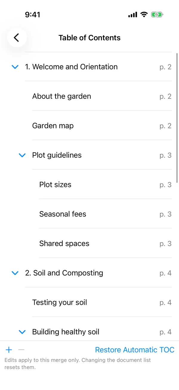 The same iPhone Table of Contents editor after turning on the contents page, flattening and footers in Settings, with the edits intact and chapter 1 now on page 2