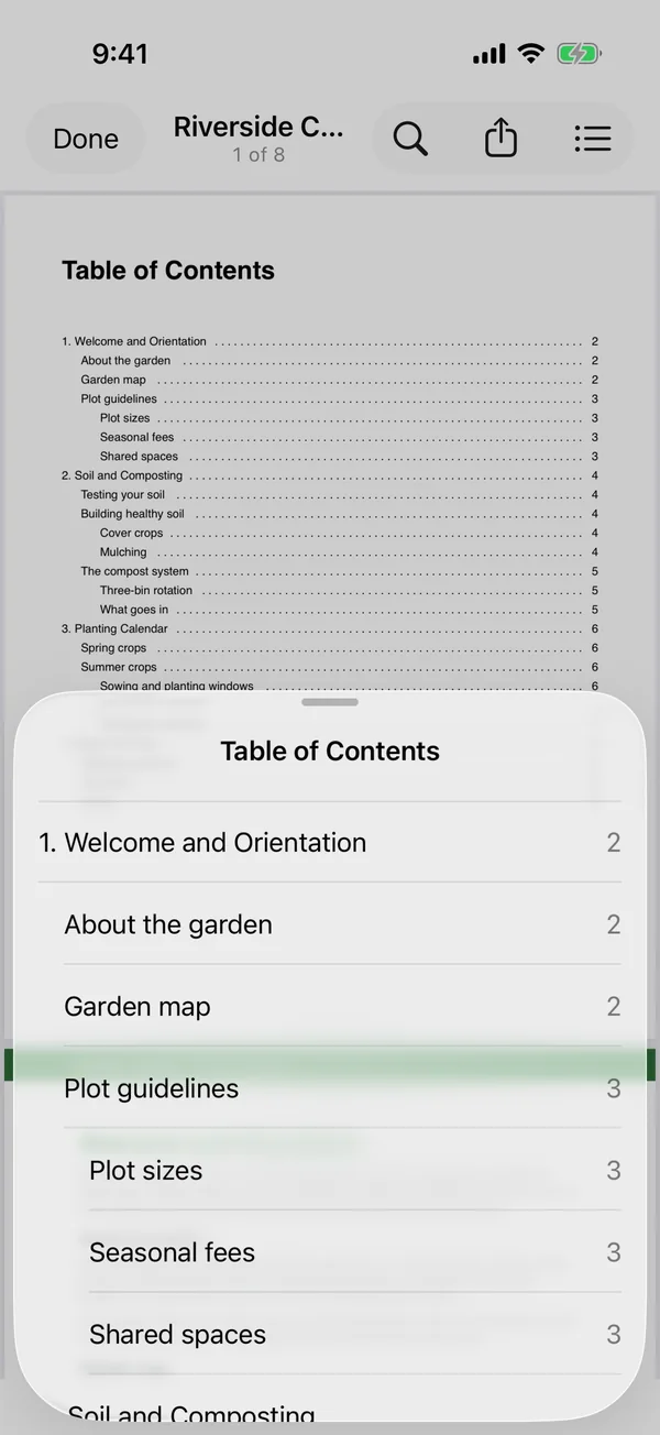 Sheafly’s built-in PDF viewer on iPhone showing the saved handbook’s contents page with its Table of Contents sheet listing bookmarks and page numbers