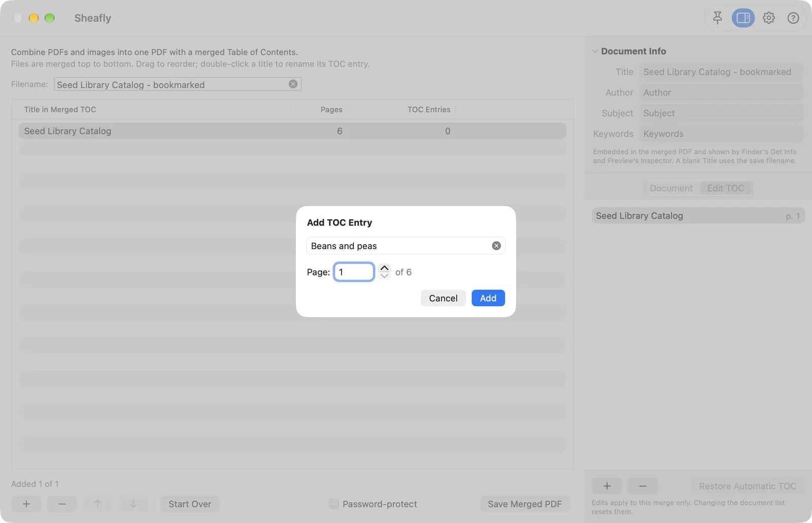 The Add TOC Entry sheet in Sheafly for Mac with the title Beans and peas and page 1 of 6