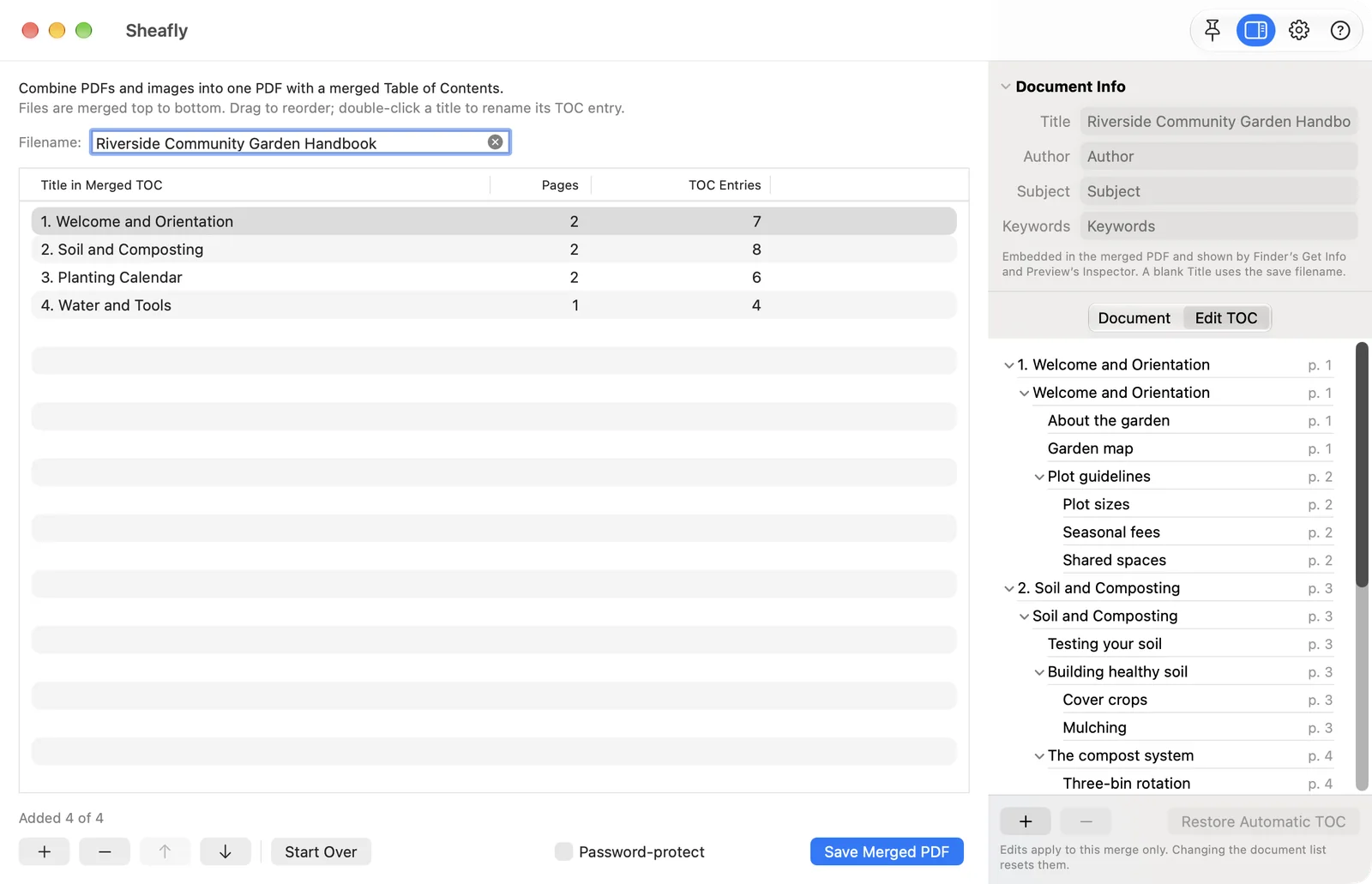 Sheafly on Mac with four handbook chapter PDFs listed in order and the Edit TOC inspector showing their merged, nested bookmarks with output page numbers