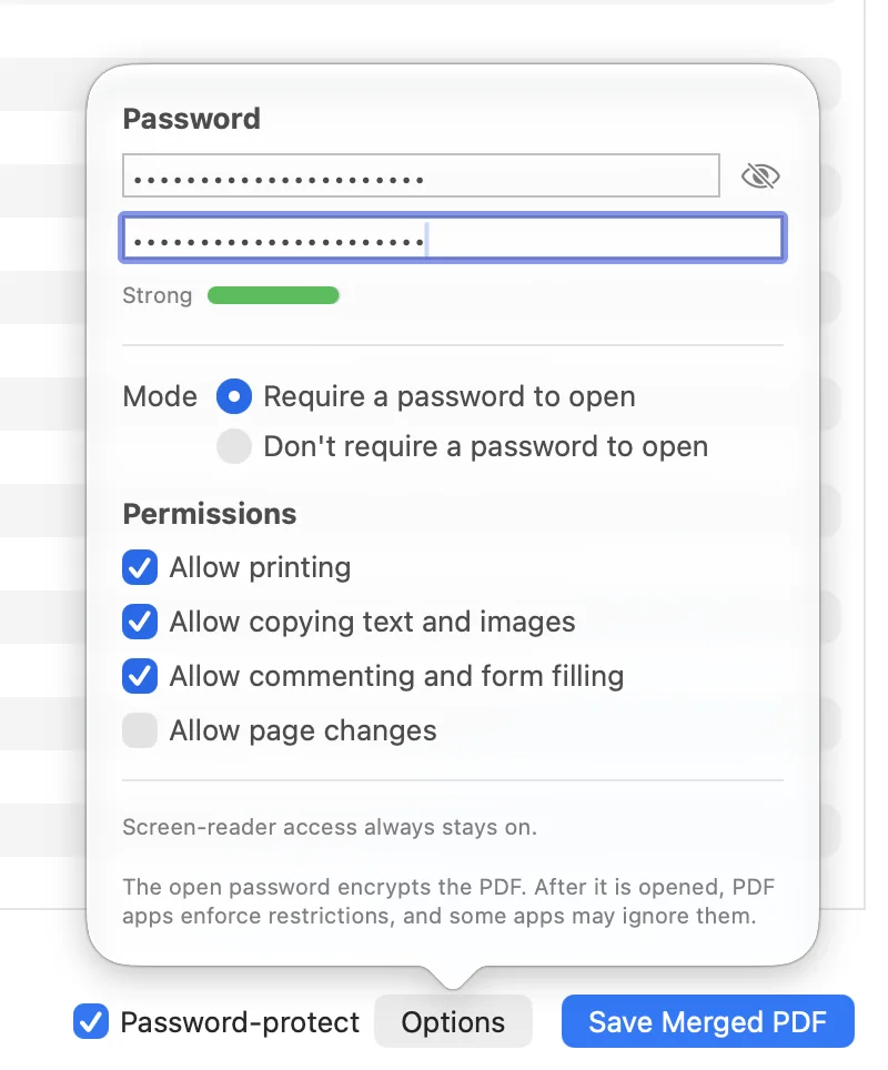 Sheafly for Mac with Password-protect ticked and the Options popover open, showing masked password and verify fields, a Strong rating, Require a password to open selected, and Allow page changes unticked