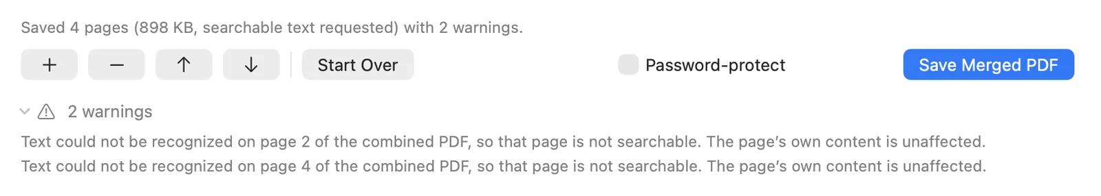 Sheafly for Mac status line reading Saved 4 pages with 2 warnings, and two warnings that text could not be recognized on pages 2 and 4
