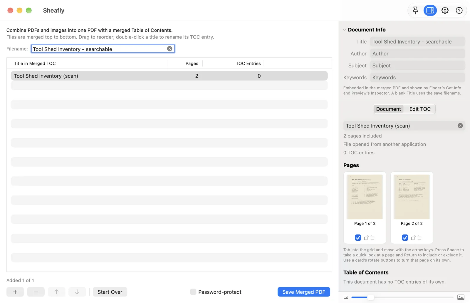 Sheafly for Mac with the Tool Shed Inventory scan loaded and the inspector showing thumbnails of its two scanned pages with include and rotate controls