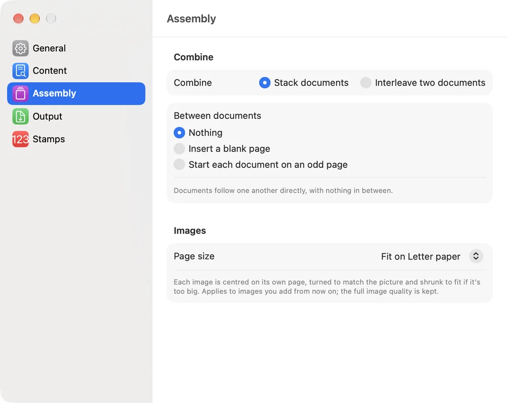 Sheafly Settings on Mac, Assembly pane, with the Images section’s Page size set to Fit on Letter paper and an explanation below