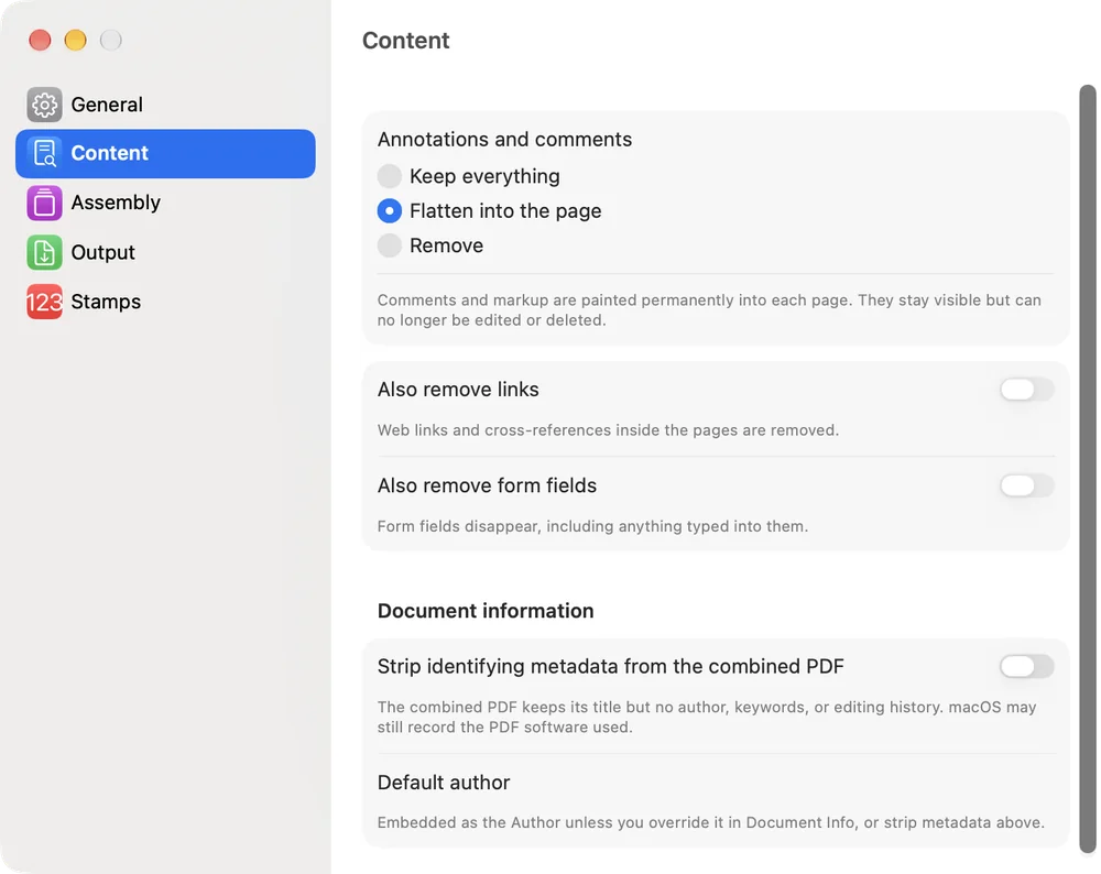 Sheafly Settings on Mac, Content pane, with Annotations and comments set to Flatten into the page