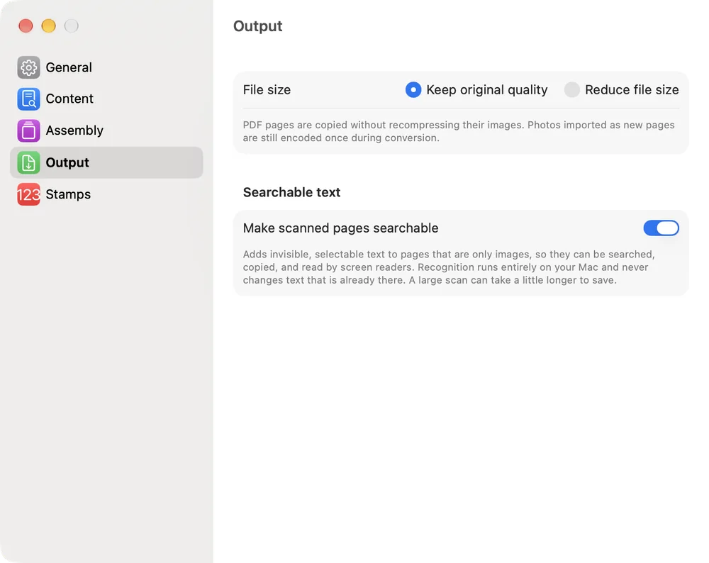 Sheafly Settings on Mac, Output pane, with Make scanned pages searchable switched on and Keep original quality selected