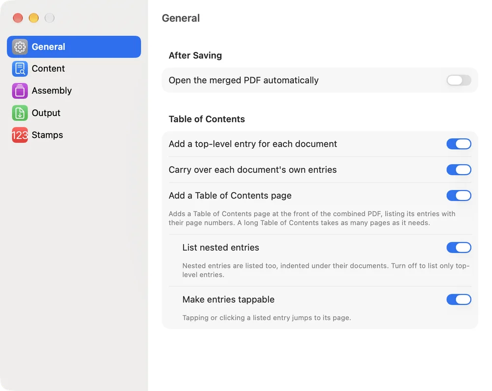 Sheafly Settings on Mac, General pane, with Add a Table of Contents page switched on and its List nested entries and Make entries tappable options