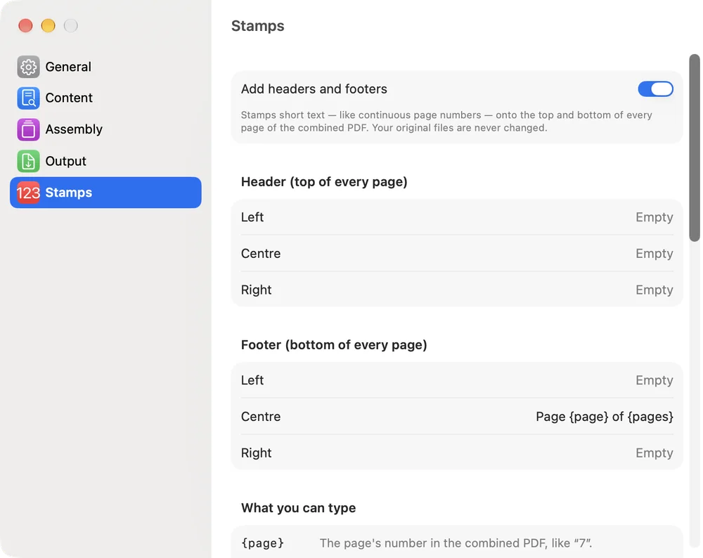 Sheafly Settings on Mac, Stamps pane, with Add headers and footers on and Page {page} of {pages} in the footer’s centre field