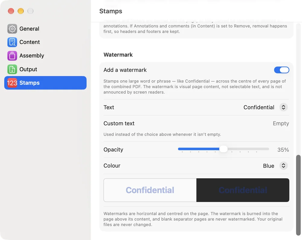 Sheafly Settings on Mac, Stamps pane, with Add a watermark on, Text set to Confidential, 35 percent opacity, colour blue, and a light and dark preview