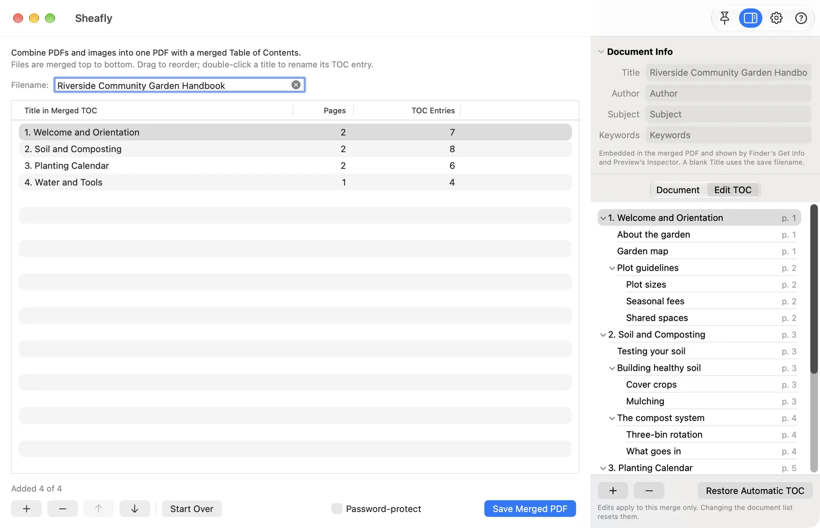 Sheafly for Mac Edit TOC tab after cleanup, with sections such as About the garden and Plot guidelines directly under each numbered chapter