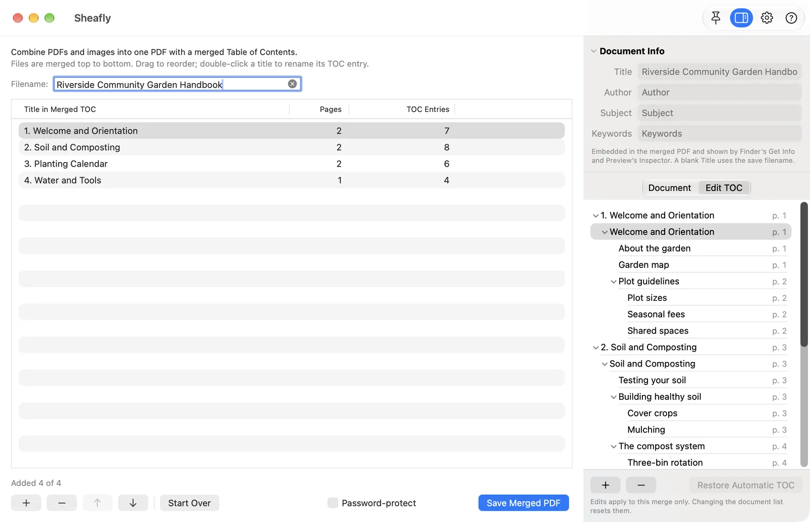 Sheafly for Mac Edit TOC tab with a duplicated Welcome and Orientation entry selected beneath the 1. Welcome and Orientation chapter entry