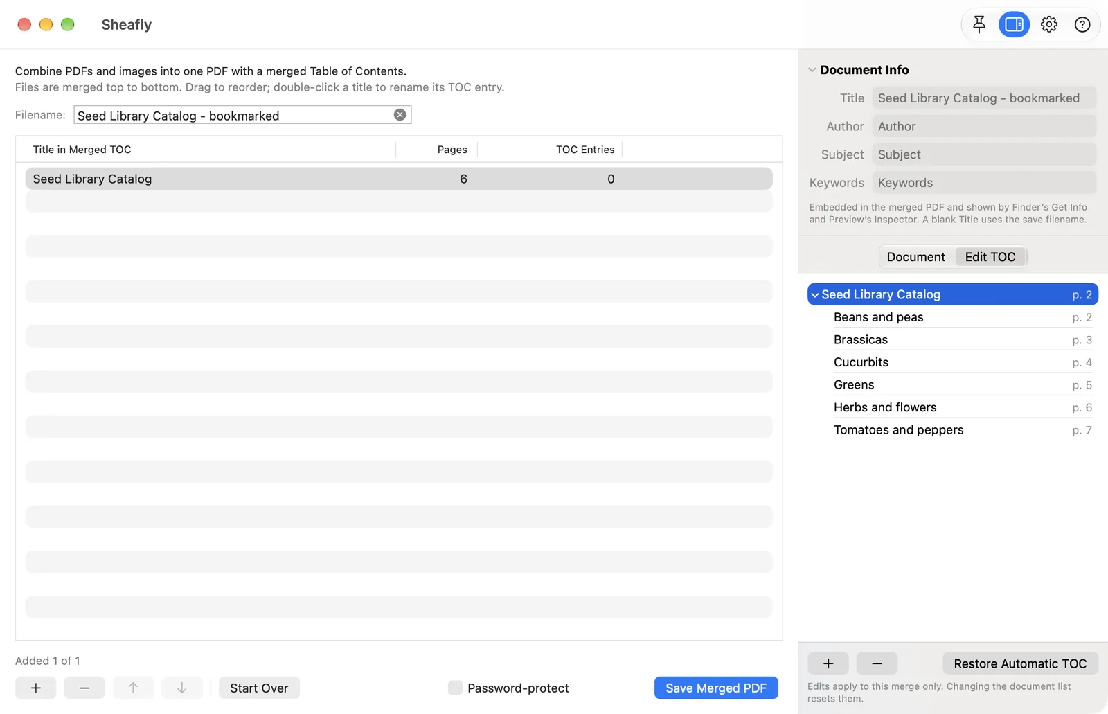 The same six hand-added bookmarks after turning on the Table of Contents page, now pointing at pages 2 to 7