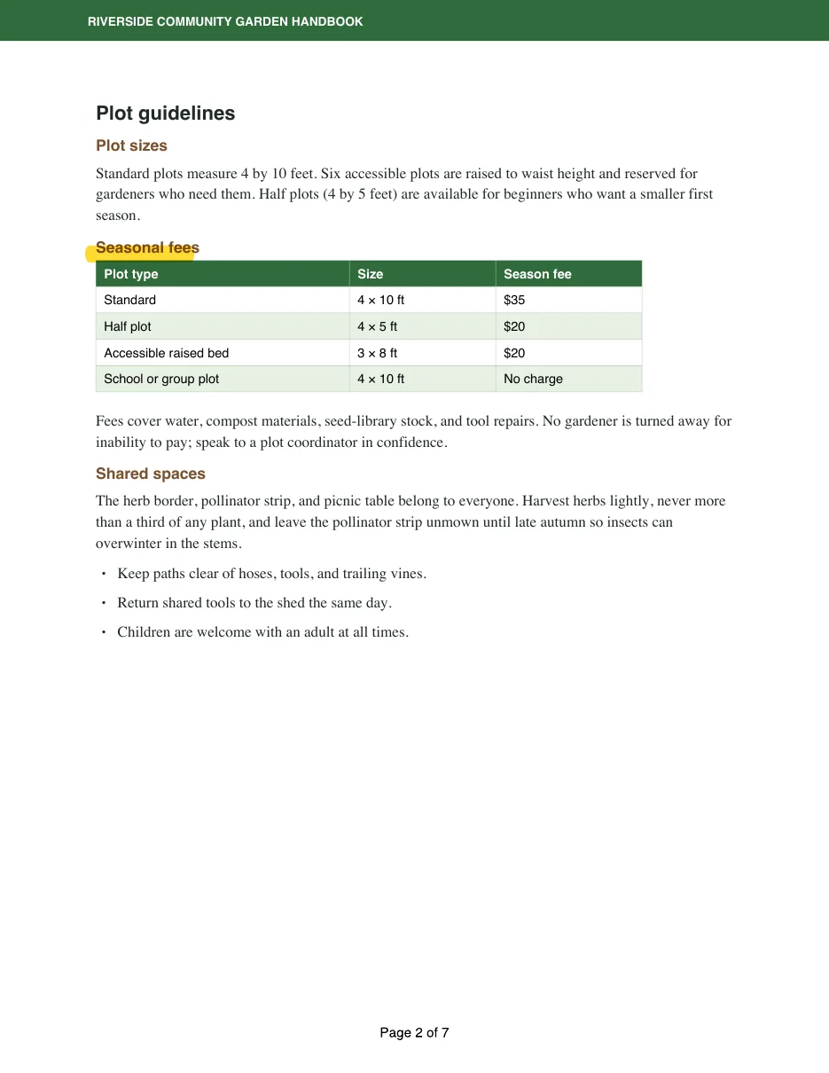 Page 3 of the saved handbook, Plot guidelines, with the Seasonal fees heading highlighted in yellow and a Page 2 of 7 footer