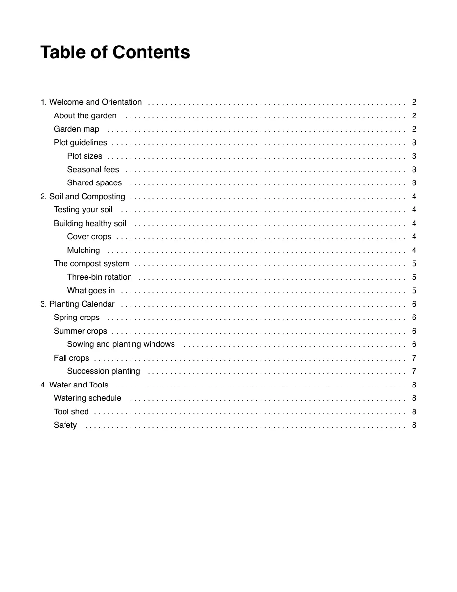 The first page of the merged handbook: a Table of Contents page generated by Sheafly listing four chapters and their nested sections with dotted leaders and page numbers 2 to 8