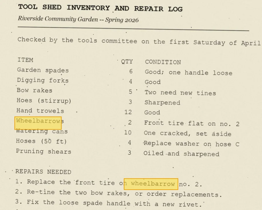 The scanned inventory page from the saved searchable PDF with the words Wheelbarrows and wheelbarrow highlighted as search matches