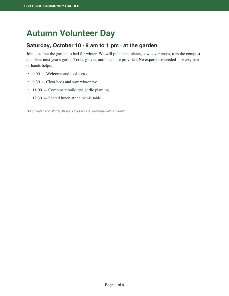 The flyer page of the saved Volunteer Day Recap with a Page 1 of 4 footer stamped at the bottom