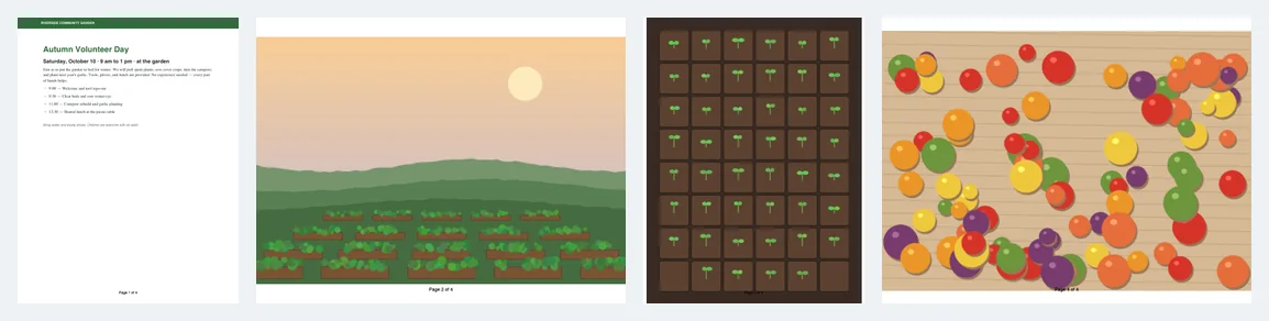 Thumbnails of the four pages of the saved Volunteer Day Recap: a portrait flyer, a landscape photo page, a portrait photo page and a landscape photo page, all Letter size