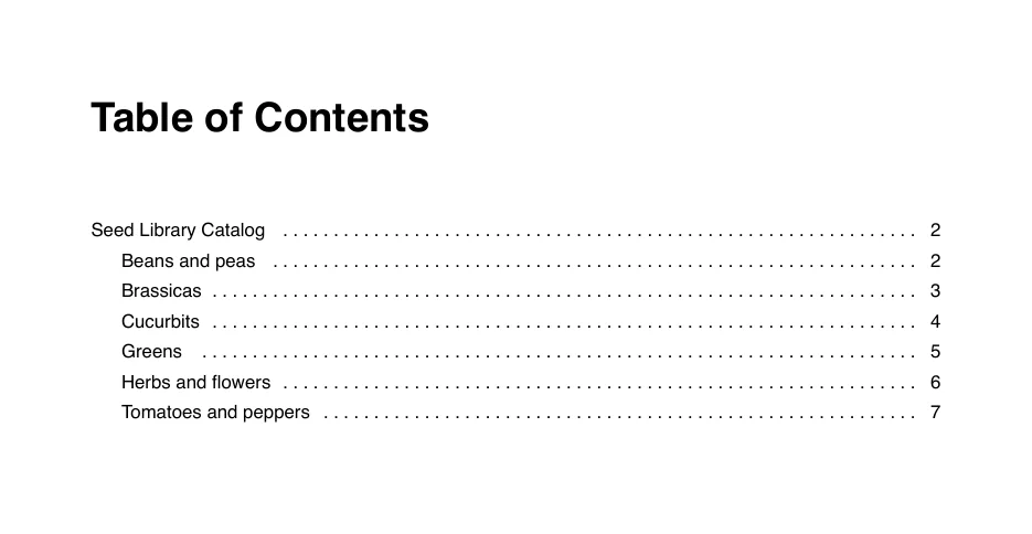 The generated Table of Contents page of the saved Seed Library Catalog listing six plant families with page numbers 2 to 7