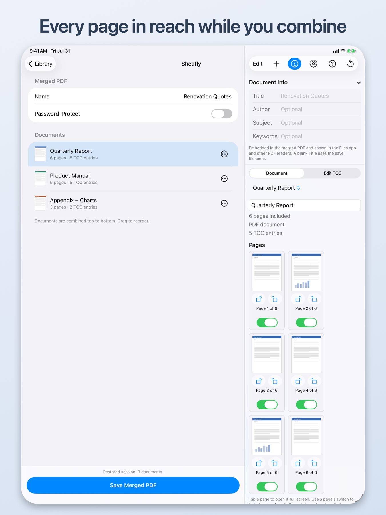 Sheafly on iPad with documents and per-page controls visible side by side