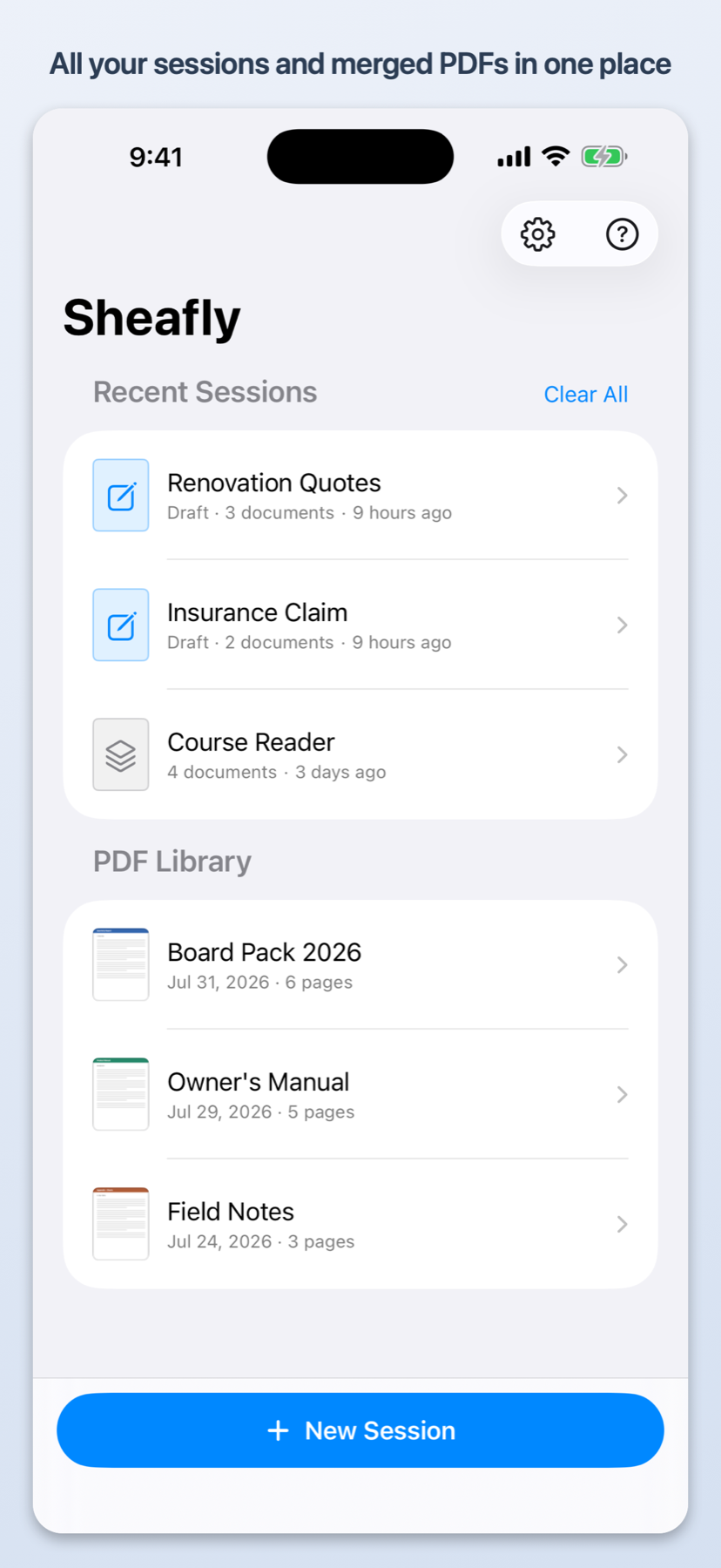 Sheafly library on iPhone with recent sessions and merged PDFs