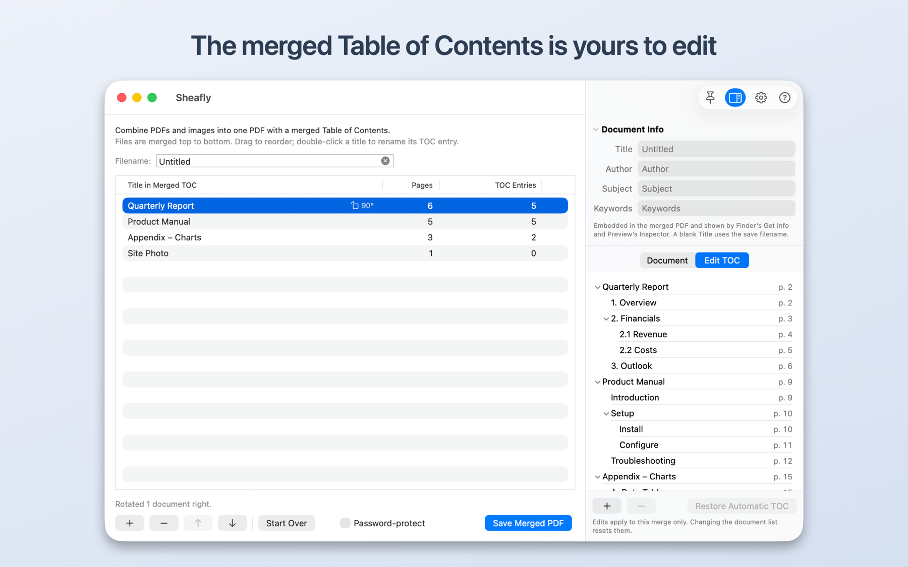 Sheafly on Mac editing a nested Table of Contents with page numbers