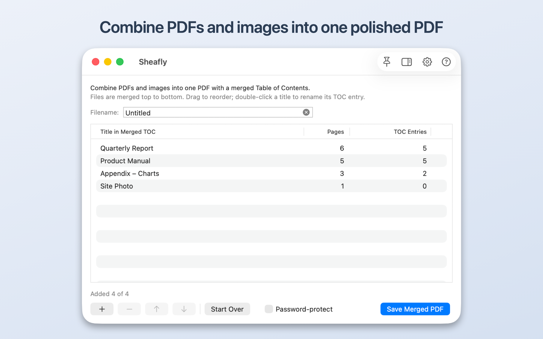 Sheafly on Mac with four PDFs and images ready to combine