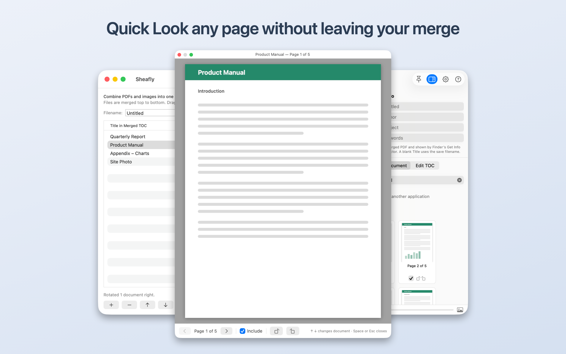 Quick Look previewing a PDF page above an active Sheafly merge on Mac